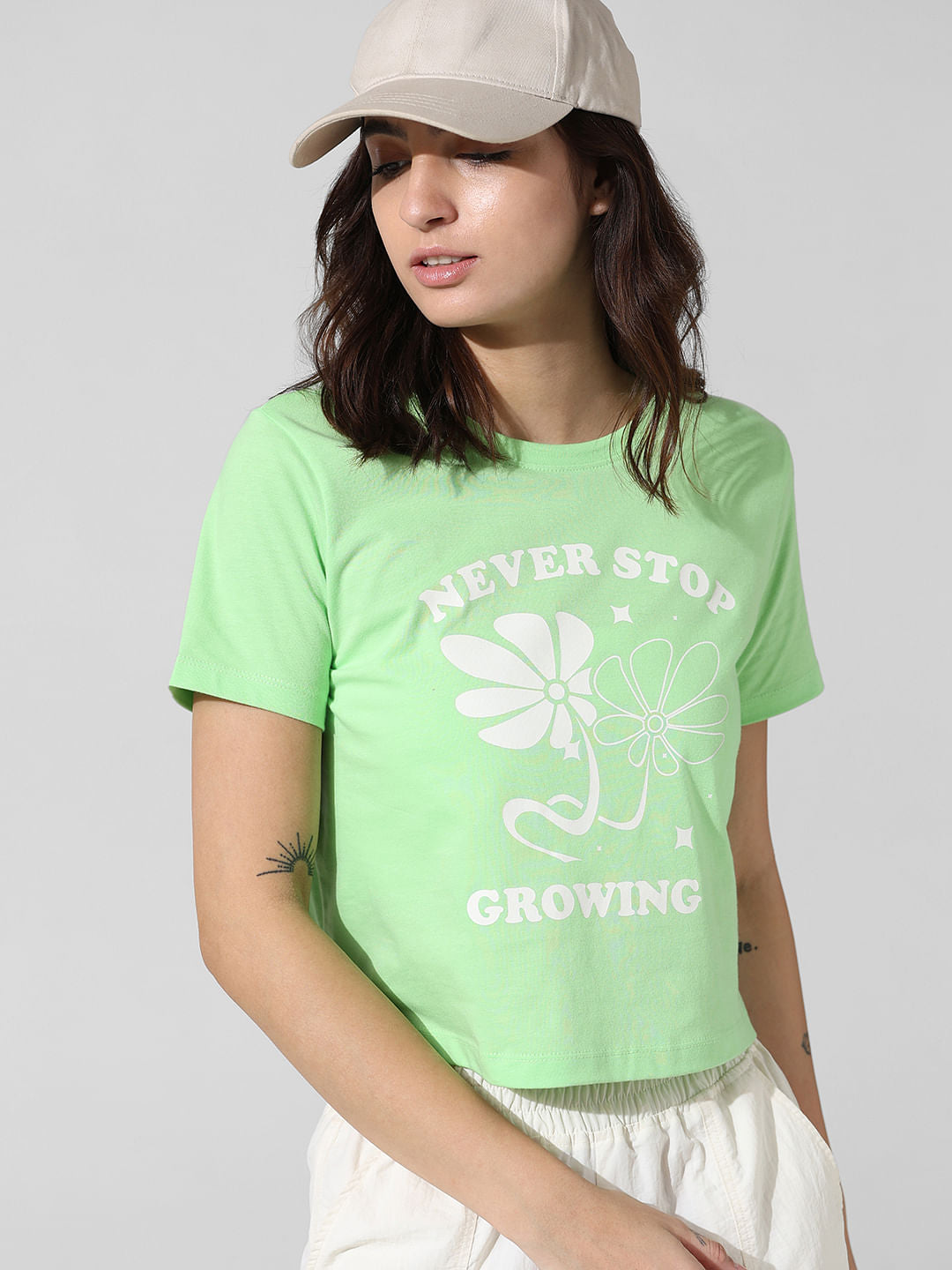 Green Printed Cropped T-Shirt