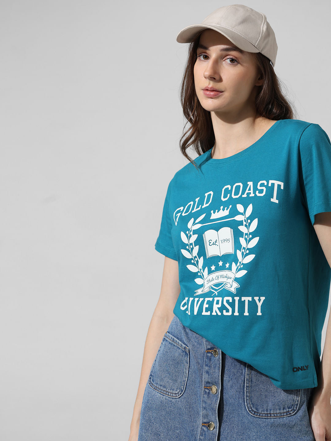 Blue Text Print Cotton T-Shirt