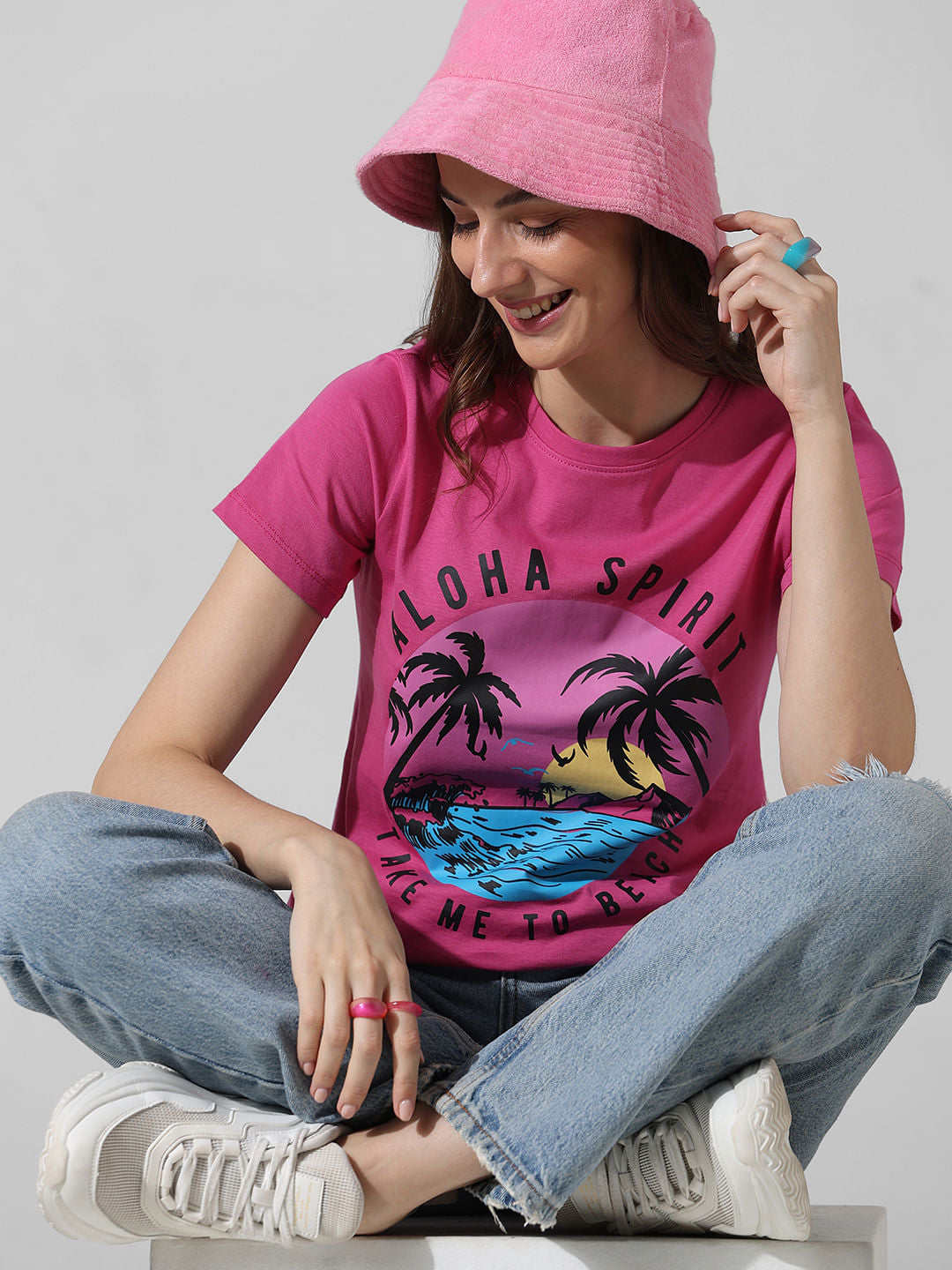Pink Printed Cotton T-Shirt