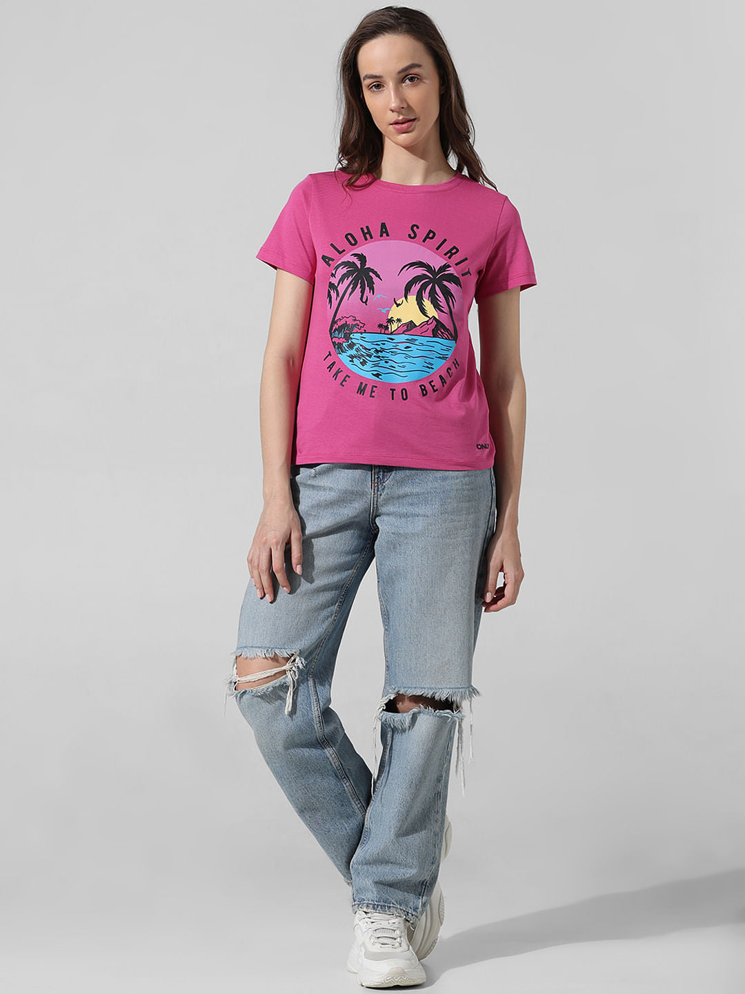 Pink Printed Cotton T-Shirt