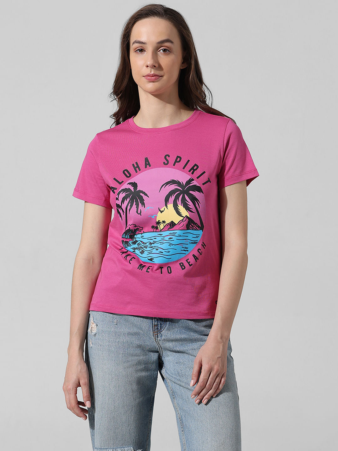 Pink Printed Cotton T-Shirt