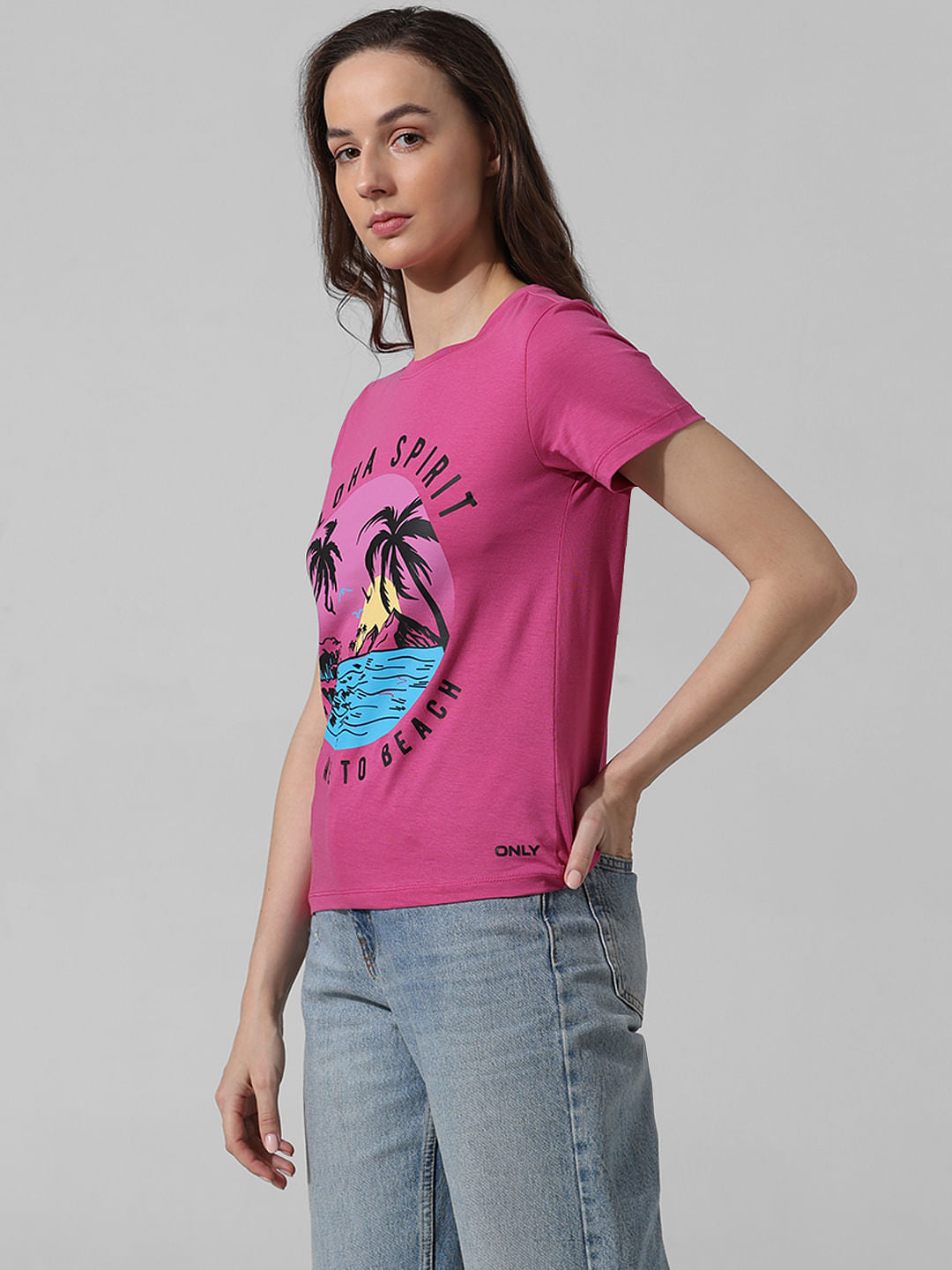 Pink Printed Cotton T-Shirt