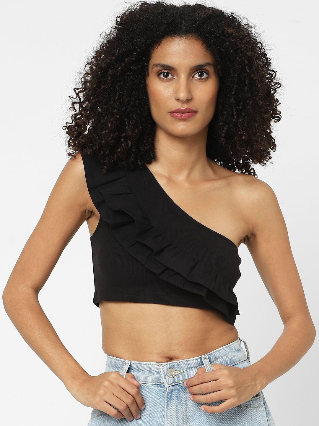 Black One-Shoulder Crop Top