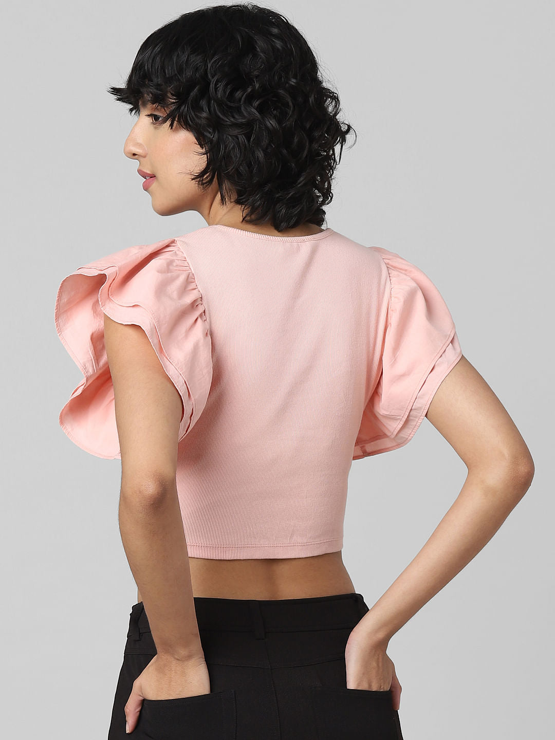 Coral Frill Sleeves Crop Top