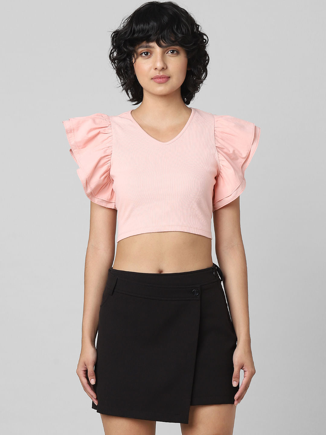 Coral Frill Sleeves Crop Top