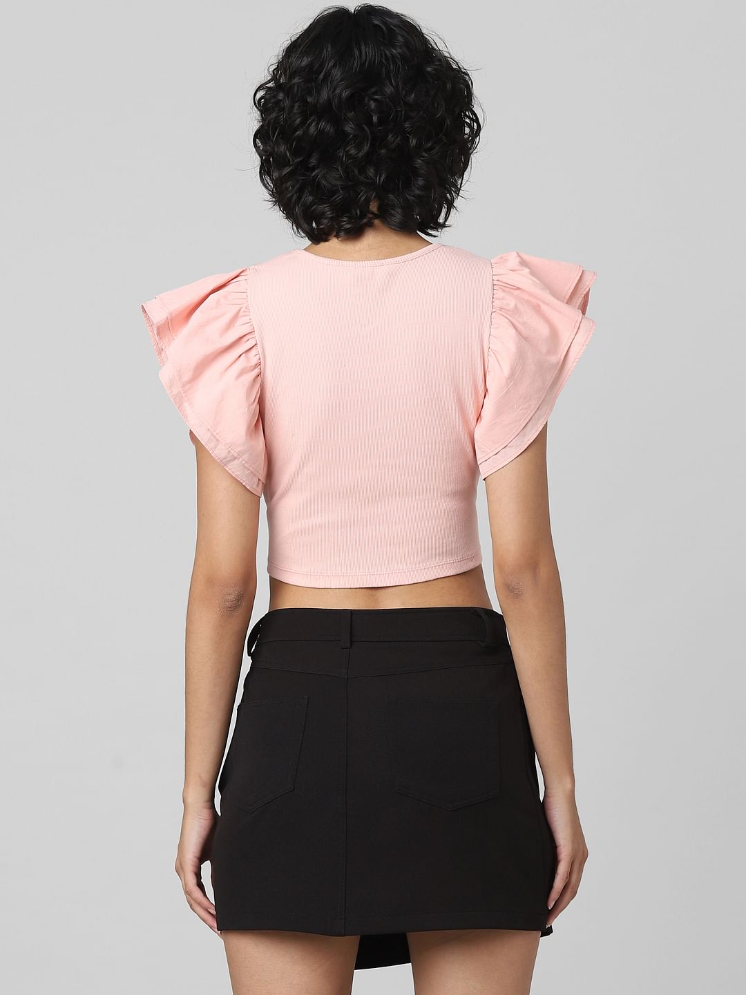 Coral Frill Sleeves Crop Top
