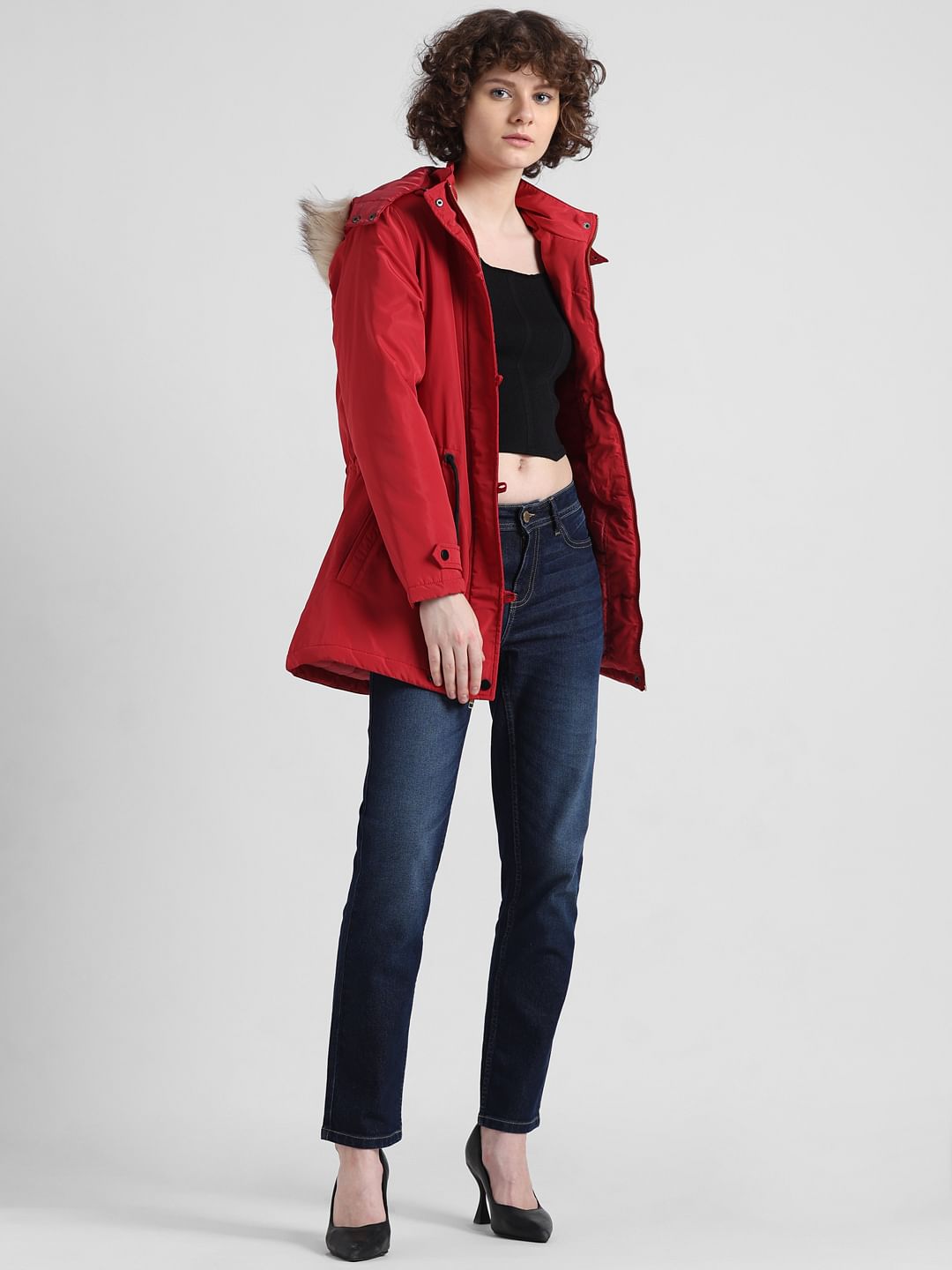 Red Faux Fur Long Parka Jacket