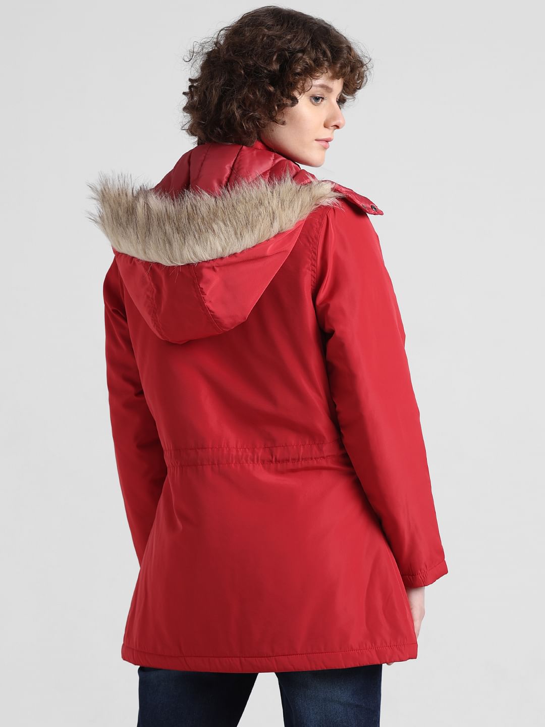 Red Faux Fur Long Parka Jacket
