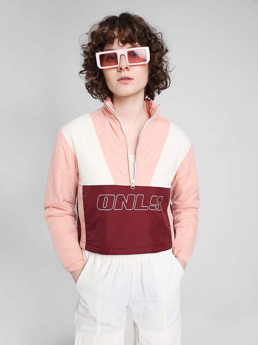 Pink Colourblocked High Neck Jacket