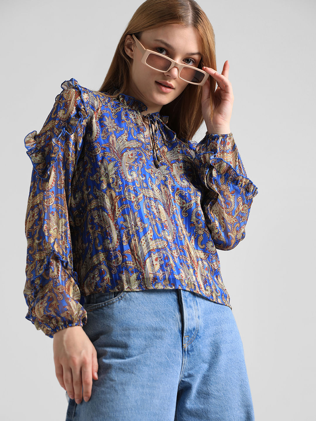 Blue Printed Frill Detail Top