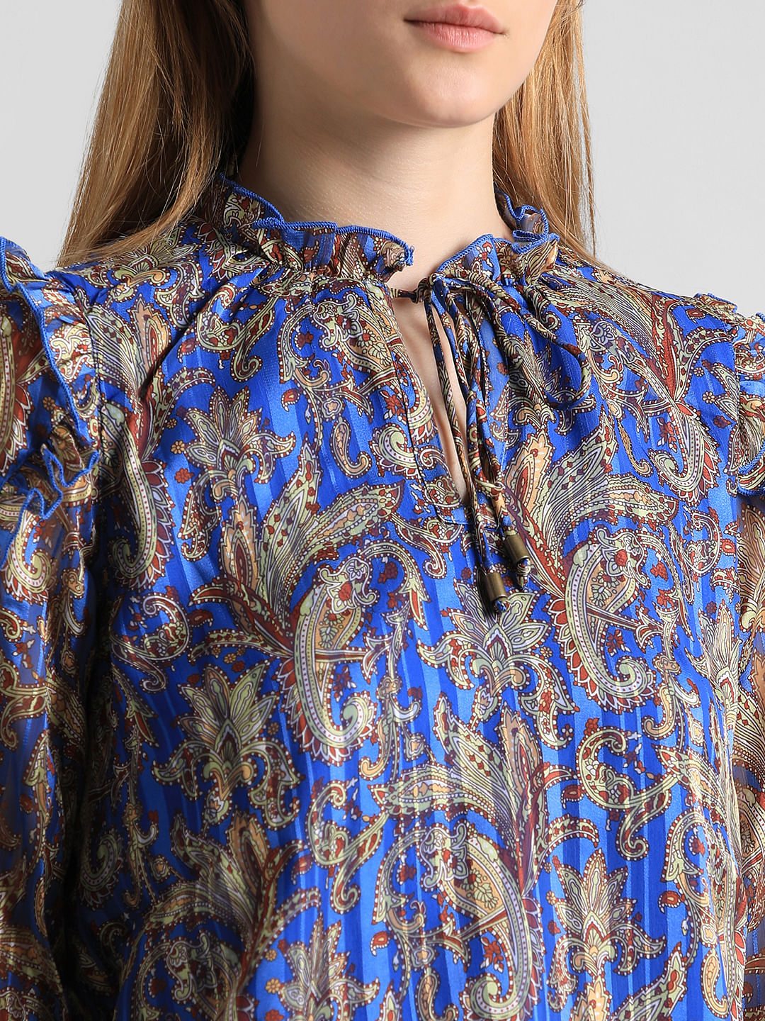 Blue Printed Frill Detail Top