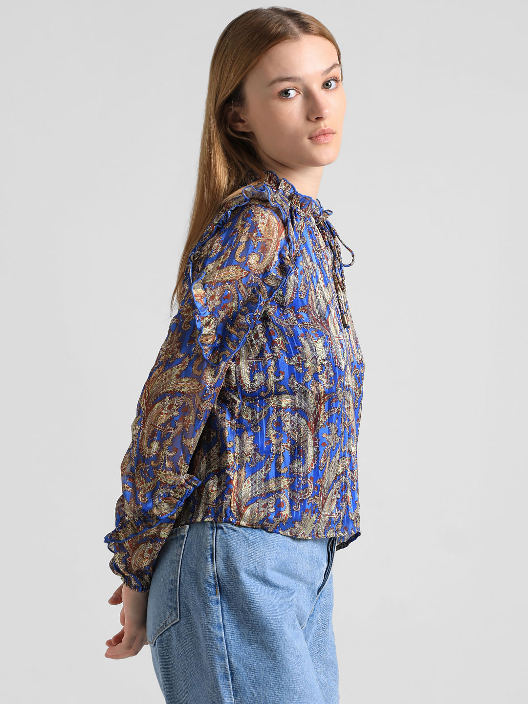 Blue Printed Frill Detail Top