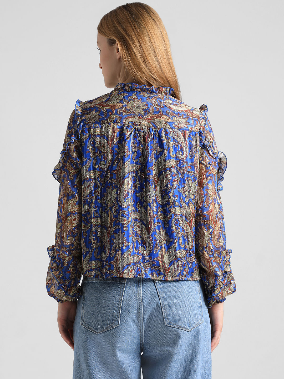 Blue Printed Frill Detail Top