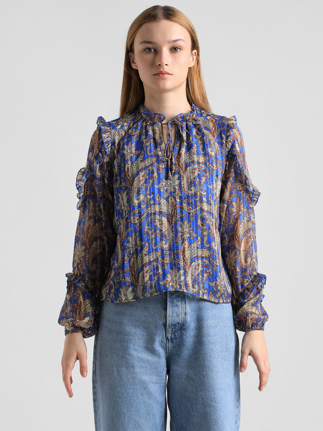 Blue Printed Frill Detail Top