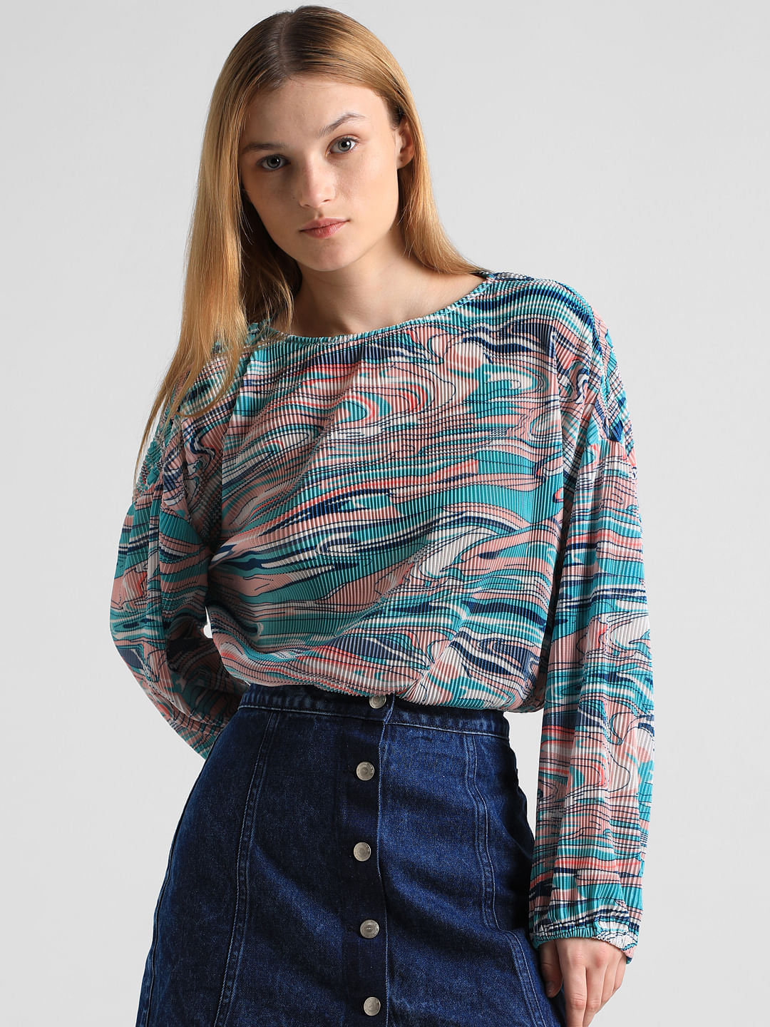 Green Printed Pleated Top