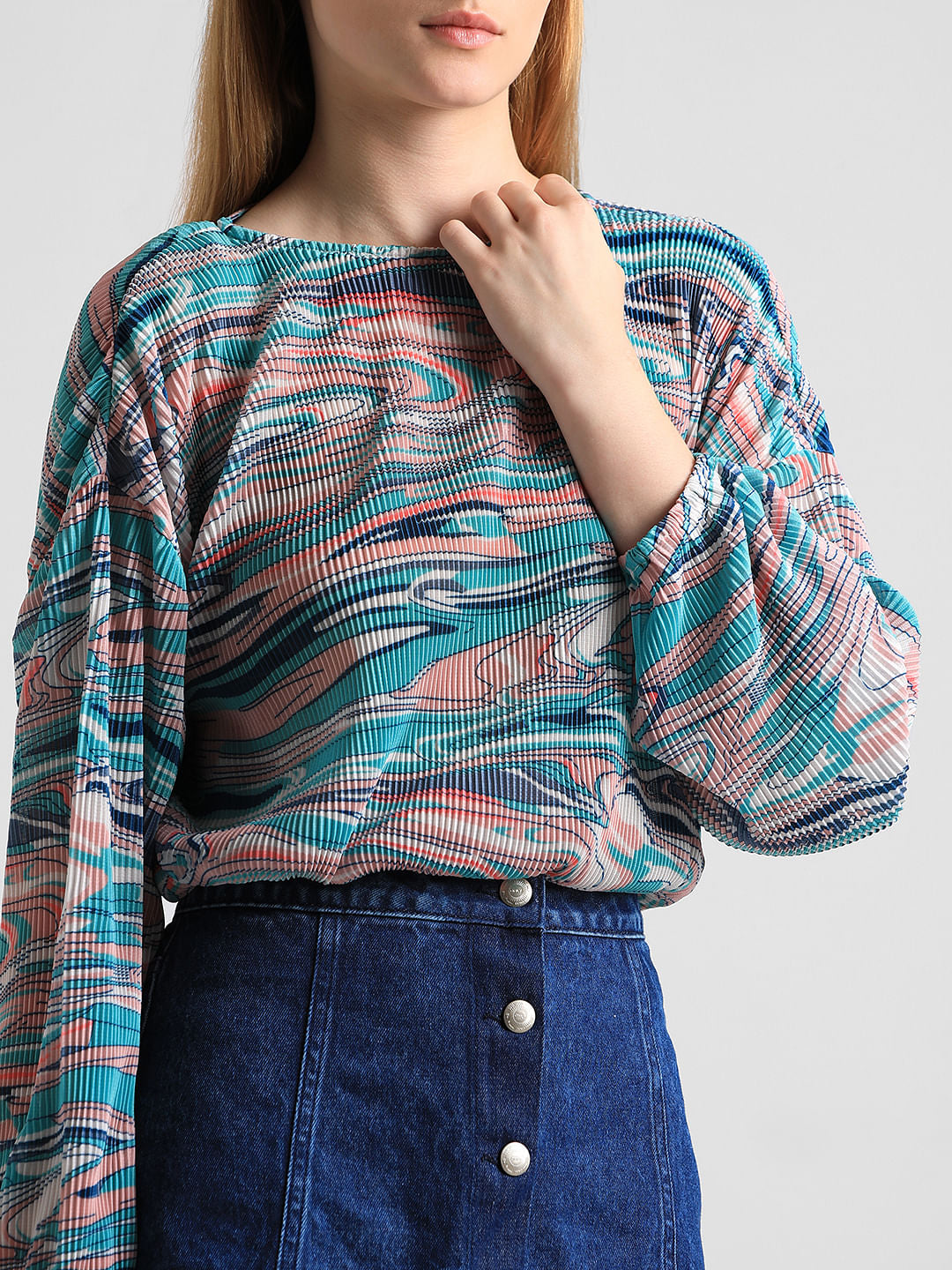 Green Printed Pleated Top