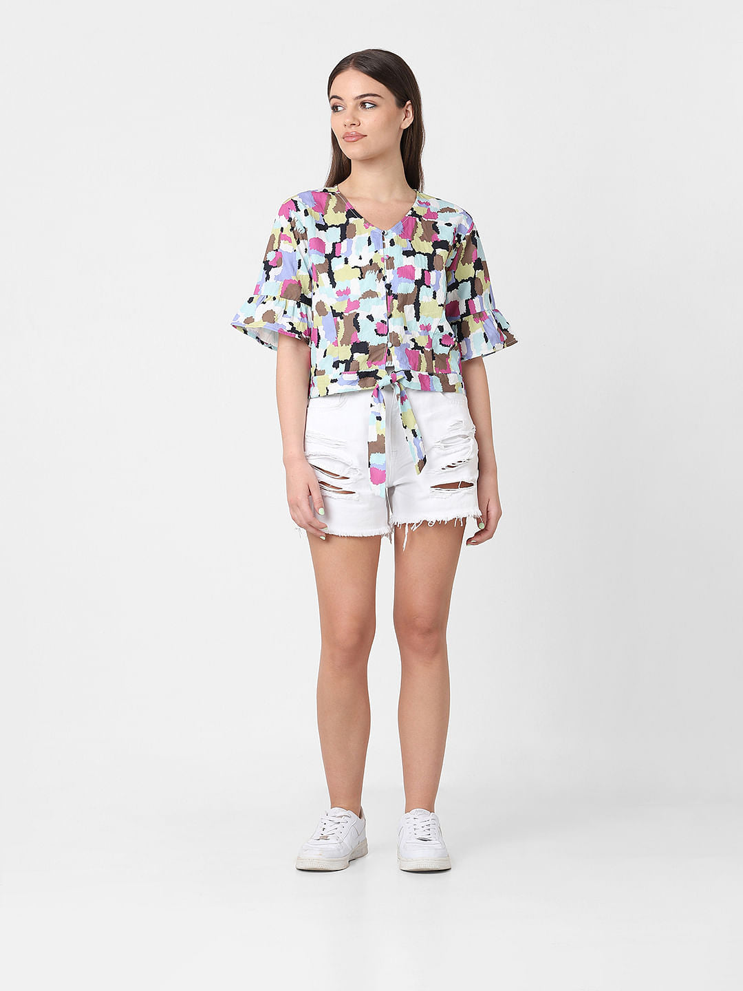 White Printed Front Tie Top