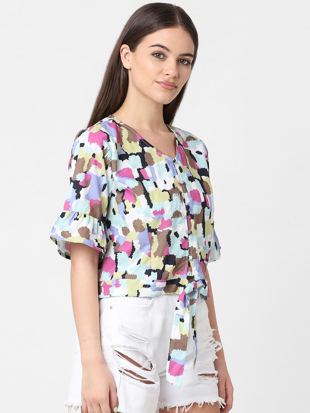 White Printed Front Tie Top