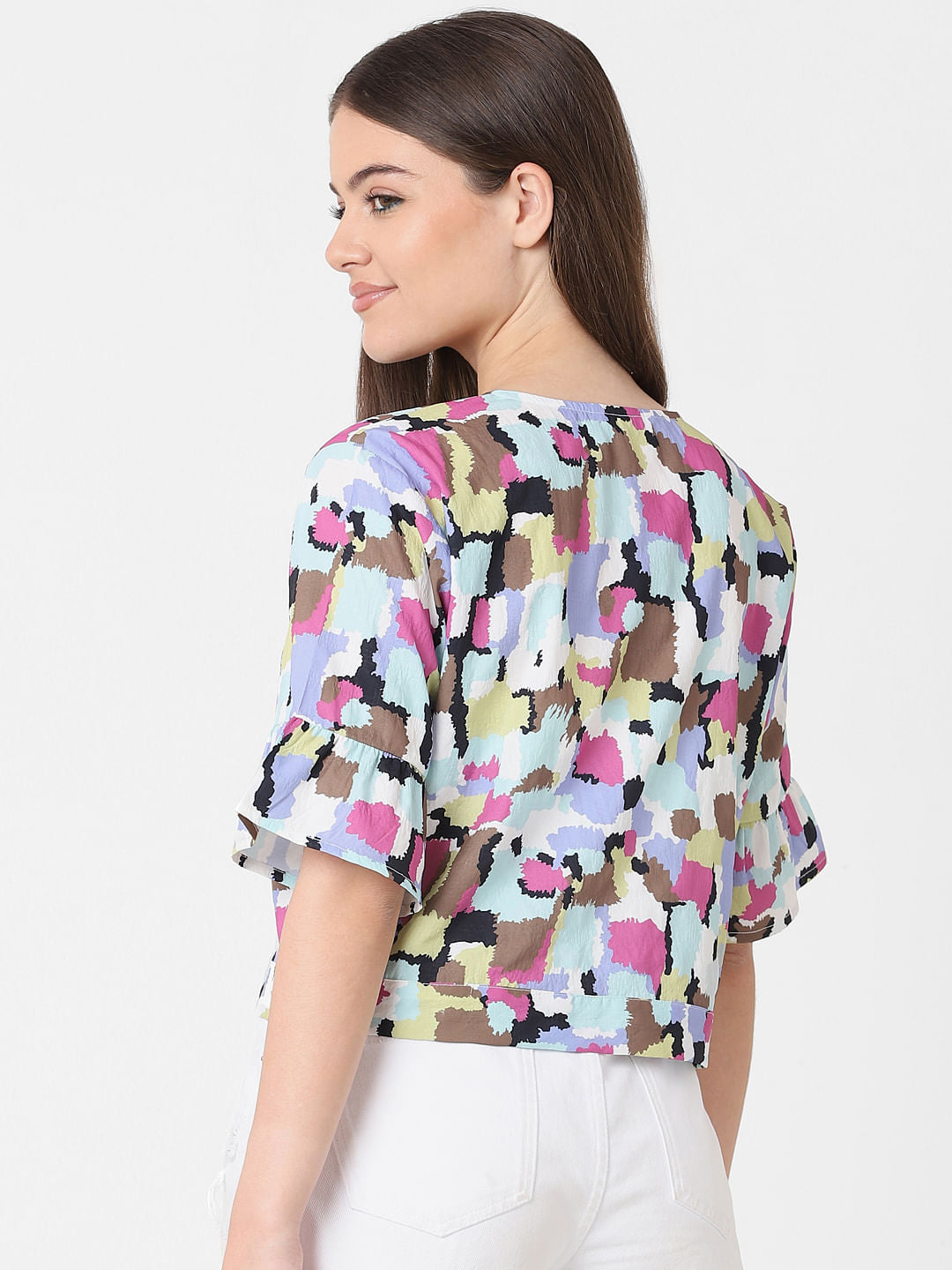 White Printed Front Tie Top