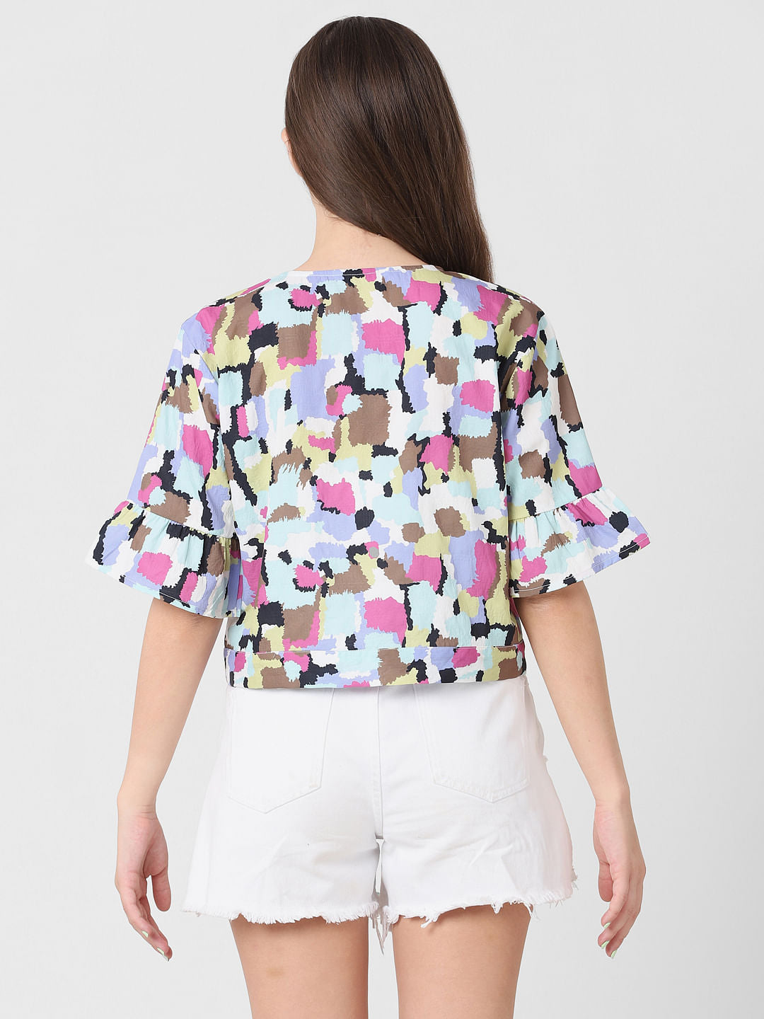 White Printed Front Tie Top