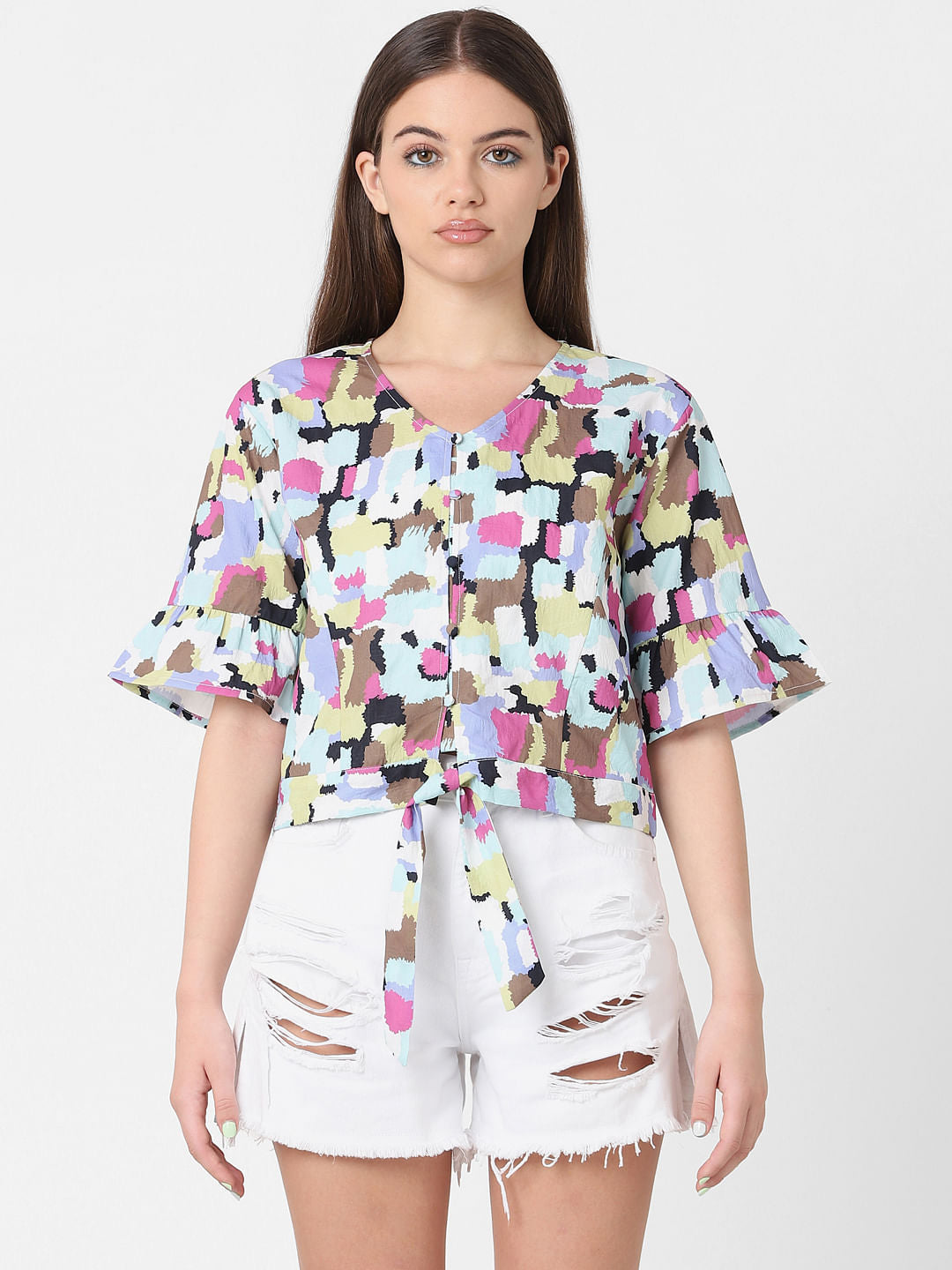 White Printed Front Tie Top