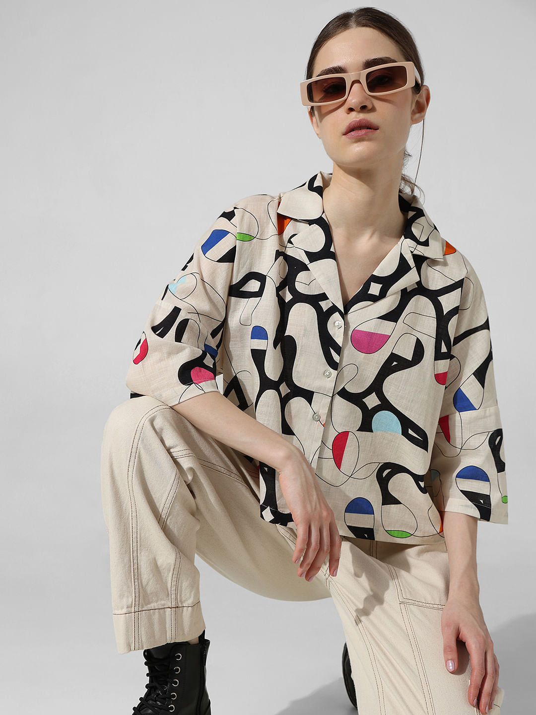 Beige Printed Cotton Shirt