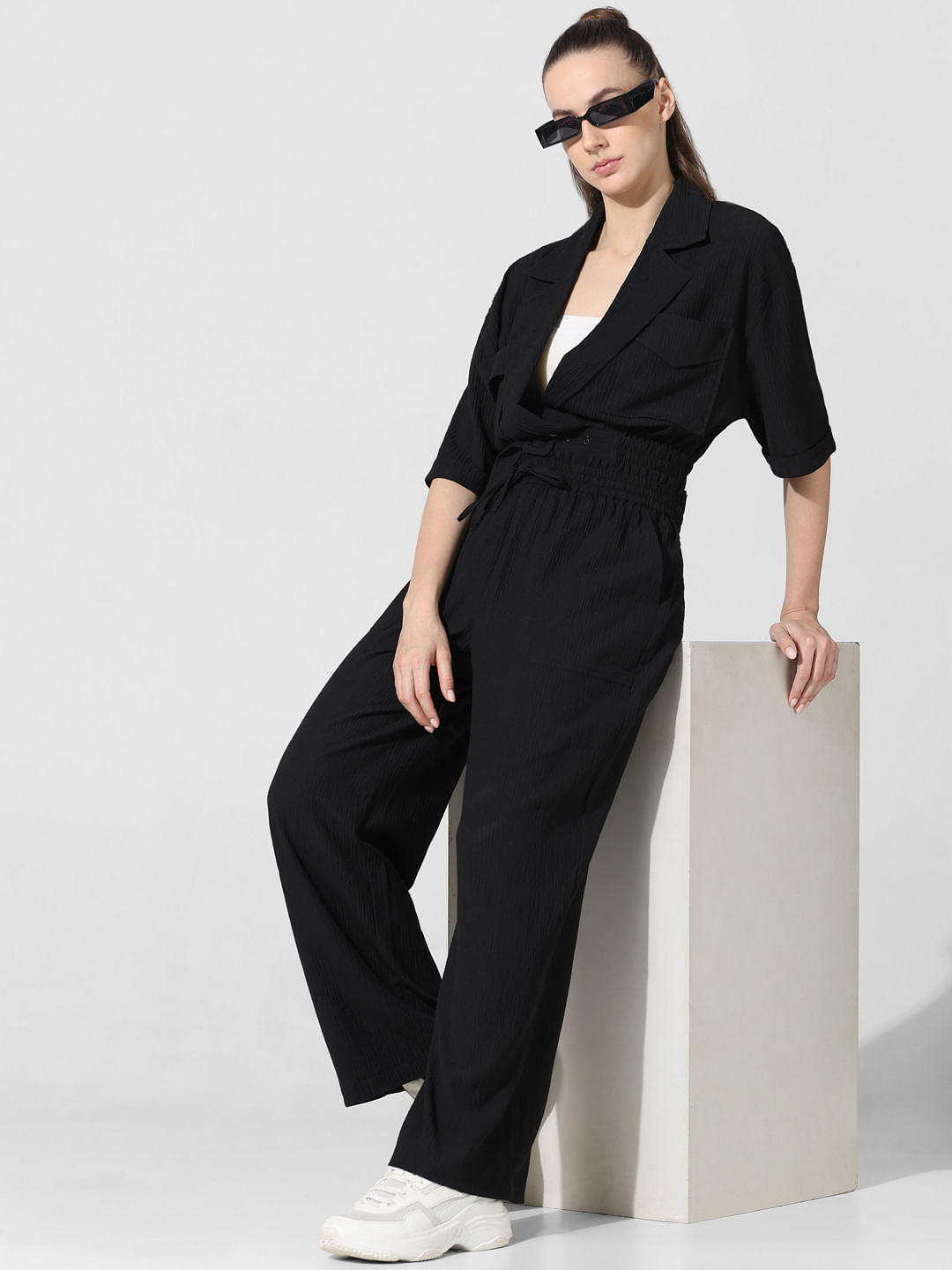 Black Crinkle Weave Co-Ord Set Pants