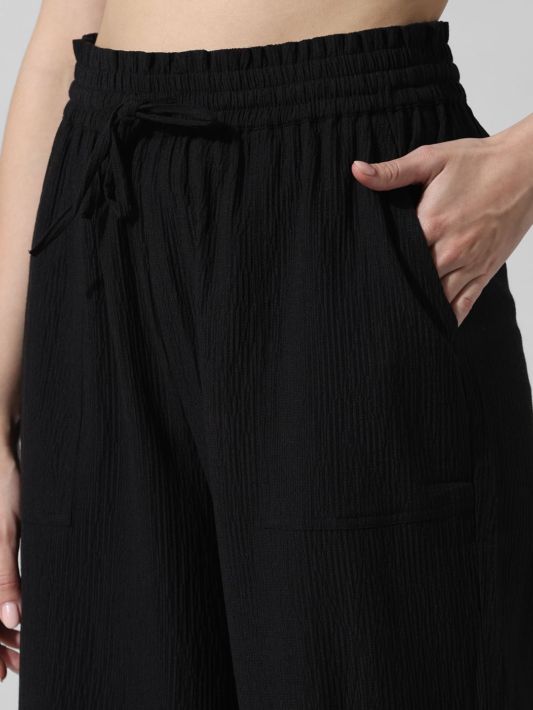 Black Crinkle Weave Co-Ord Set Pants