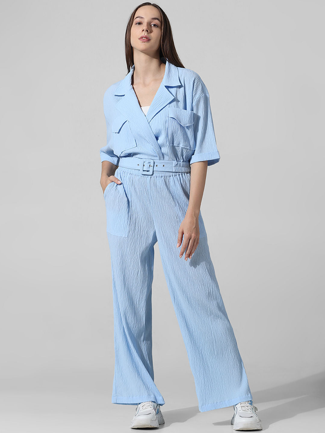 Blue Crinkle Weave Co-Ord Set Shirt