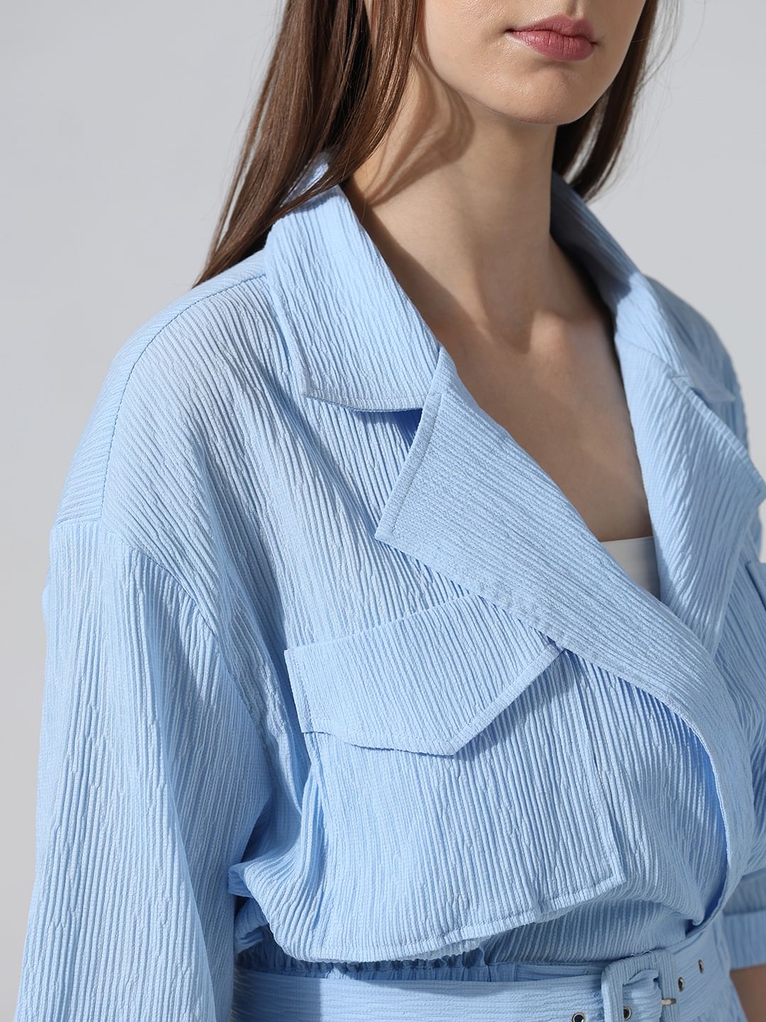 Blue Crinkle Weave Co-Ord Set Shirt