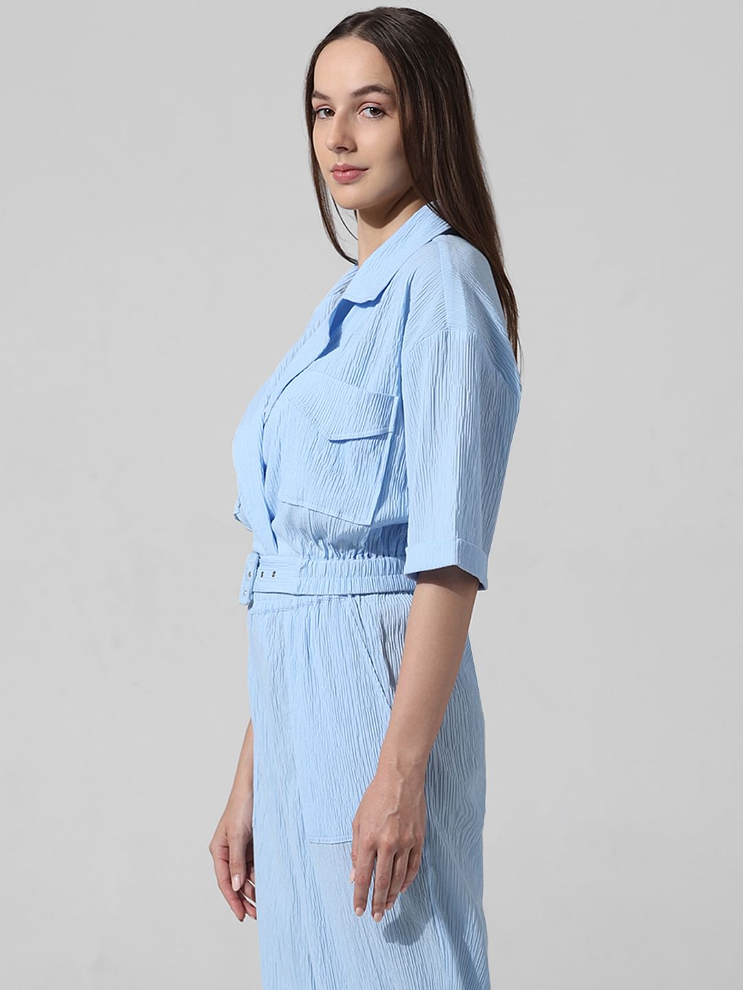 Blue Crinkle Weave Co-Ord Set Shirt