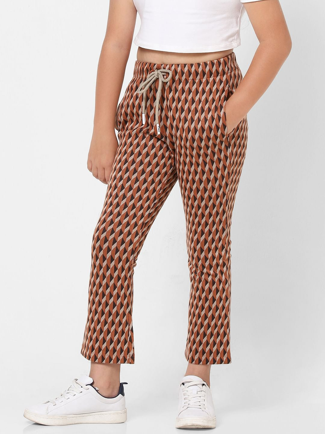 Brown Mid Rise Printed Flared Pants