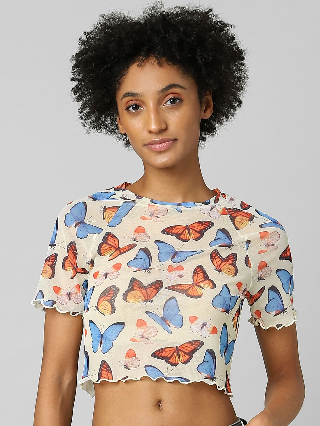Beige Butterfly Print Mesh Top