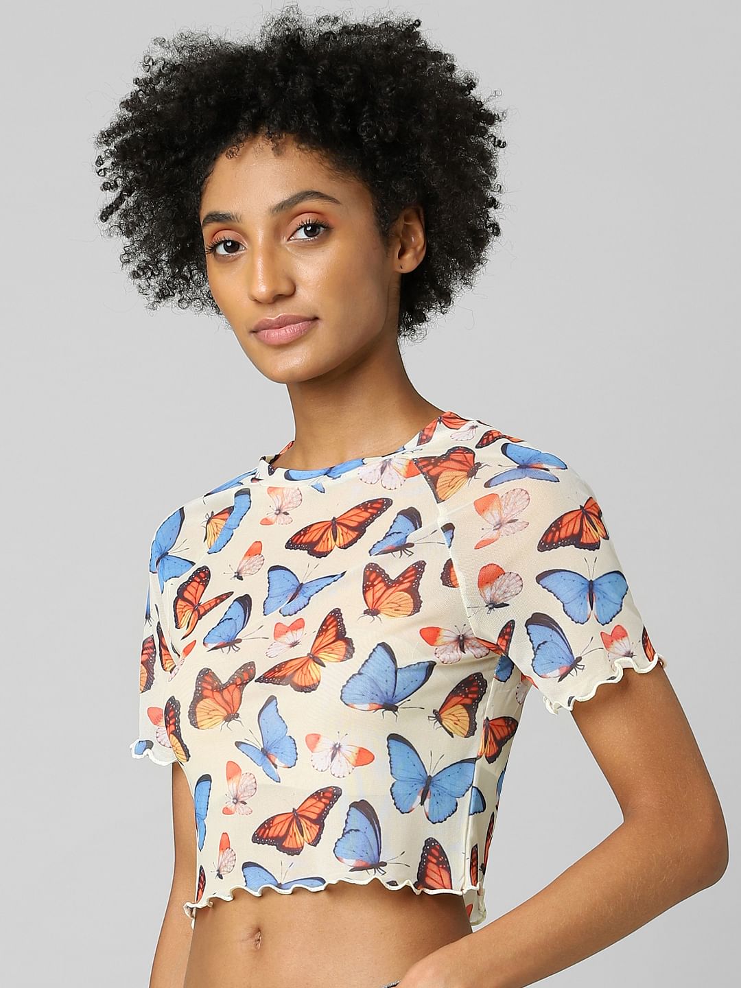 Beige Butterfly Print Mesh Top