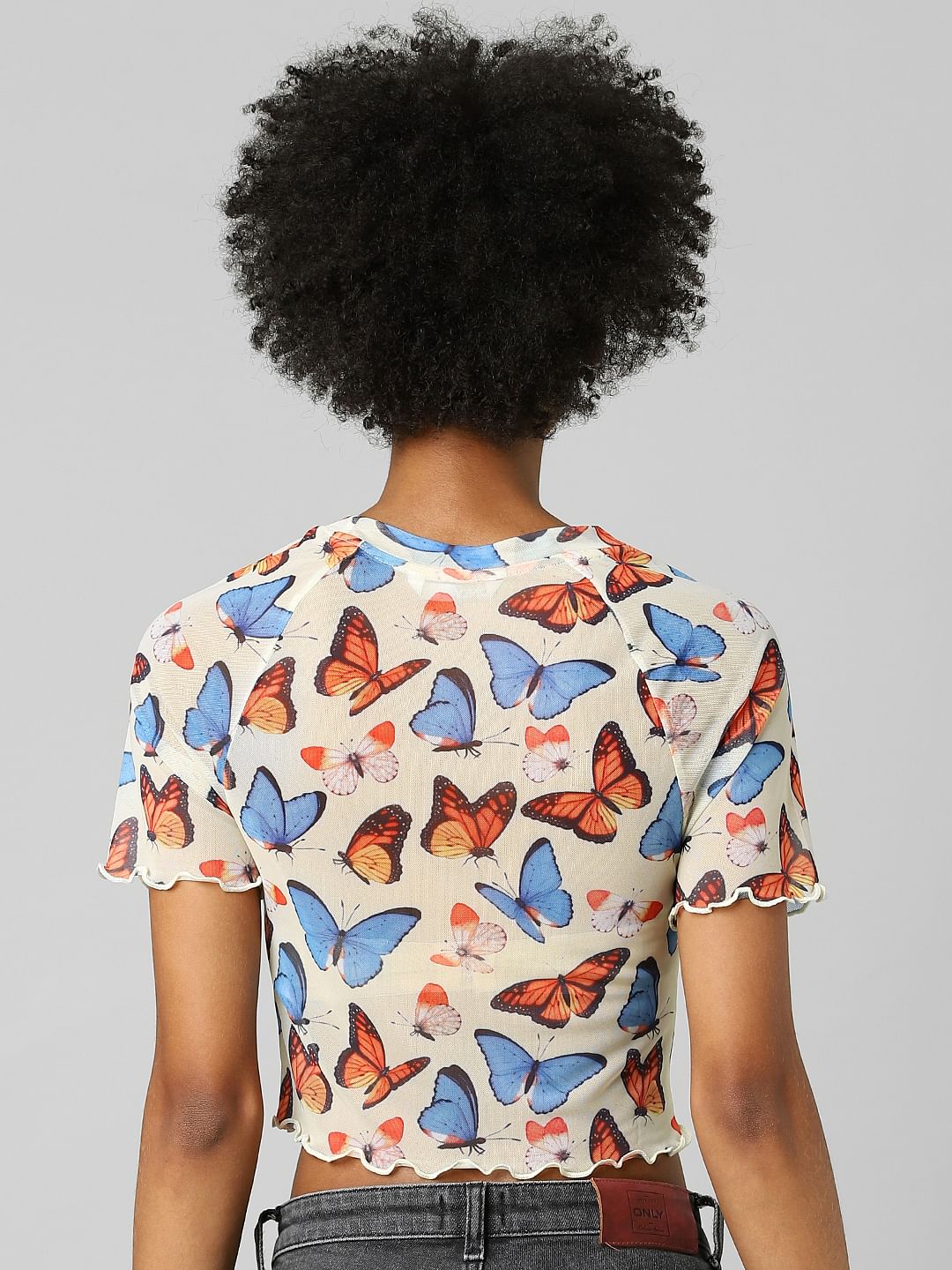 Beige Butterfly Print Mesh Top