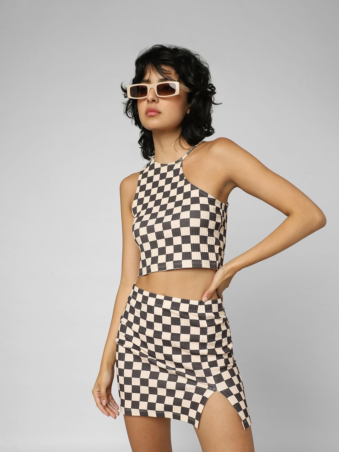 Beige Check Co-Ord Crop Top