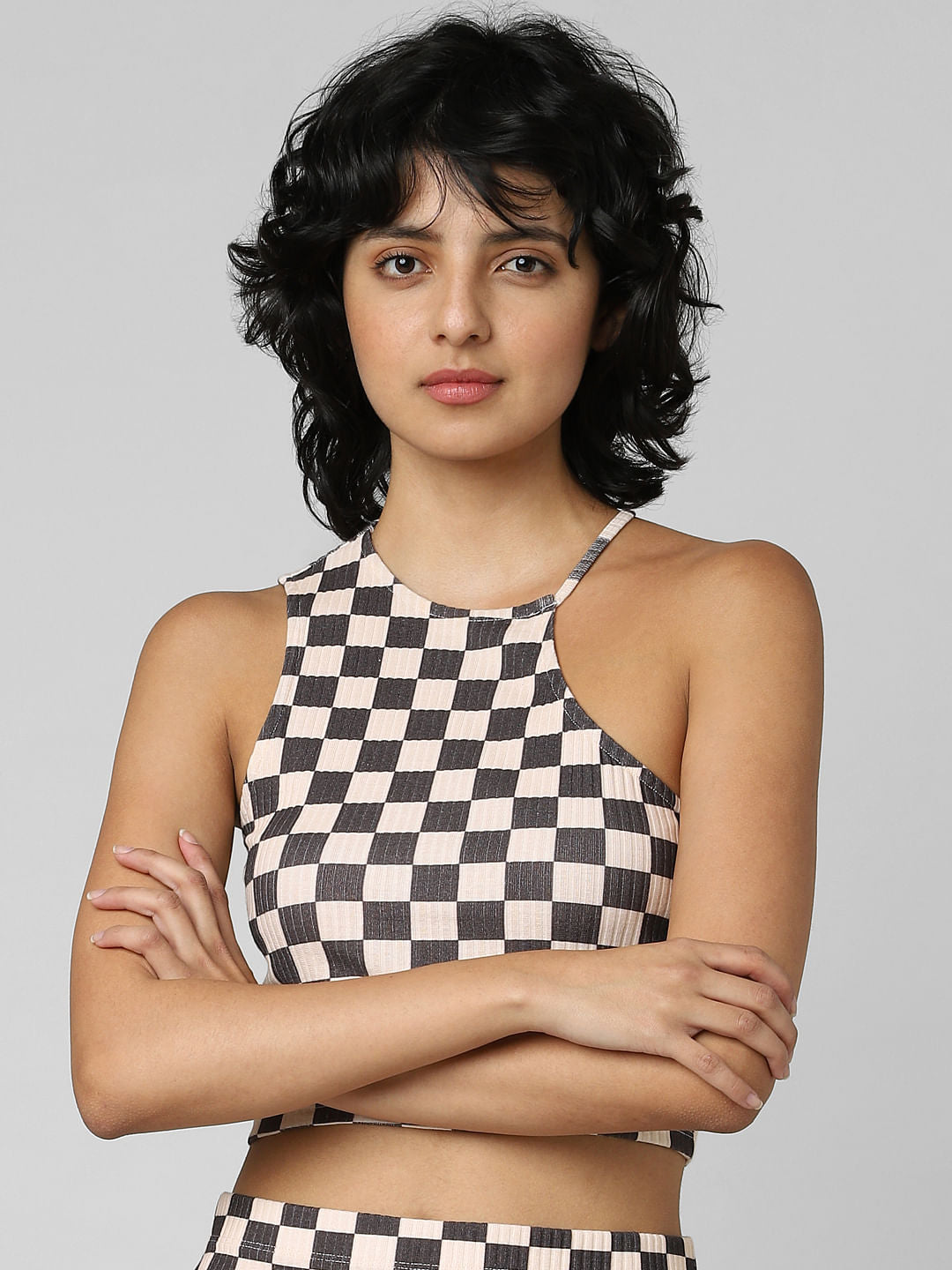 Beige Check Co-Ord Crop Top