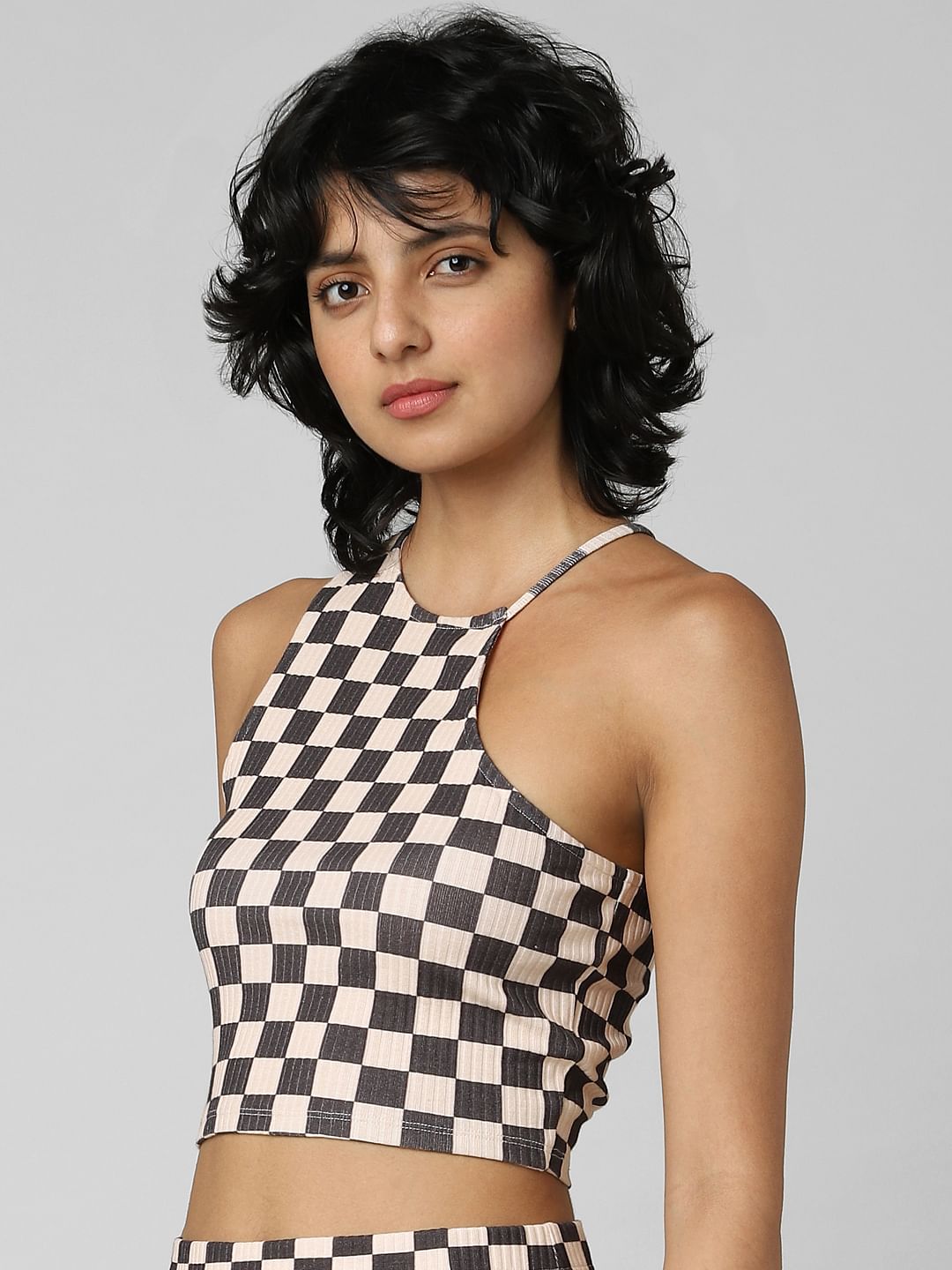 Beige Check Co-Ord Crop Top