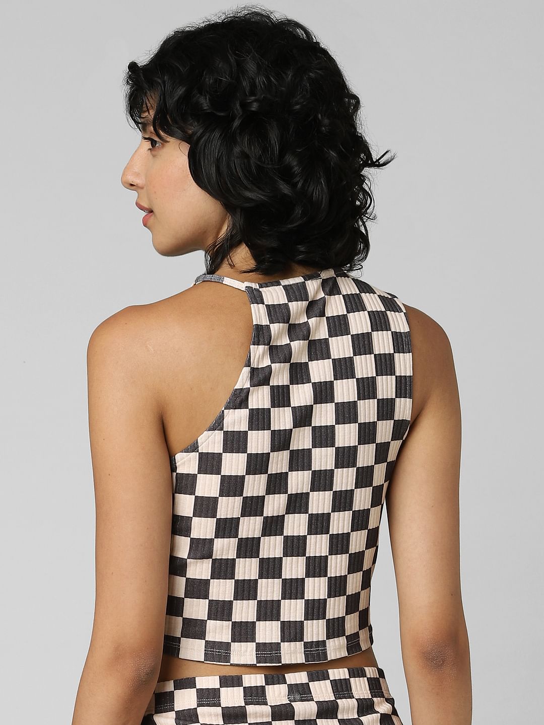 Beige Check Co-Ord Crop Top