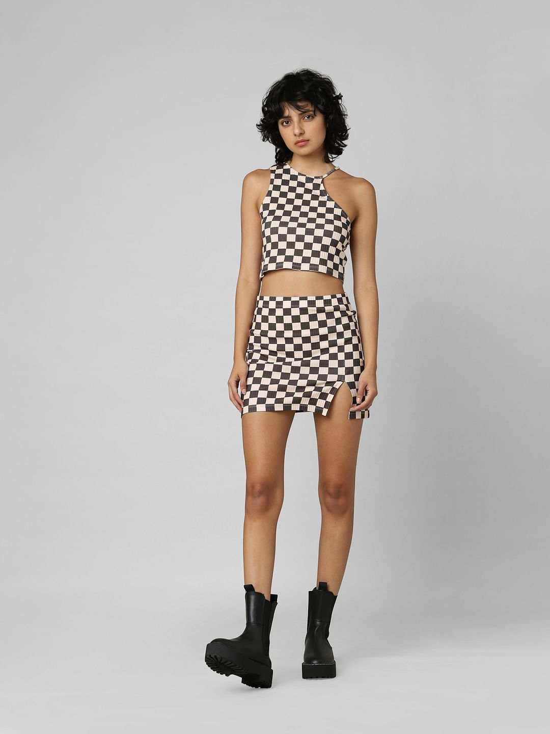 Beige Check Co-Ord Crop Top