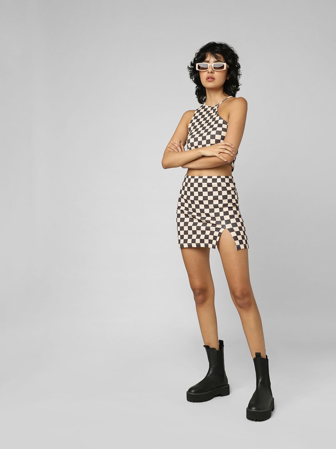 Beige Check Co-Ord Mini Skirt