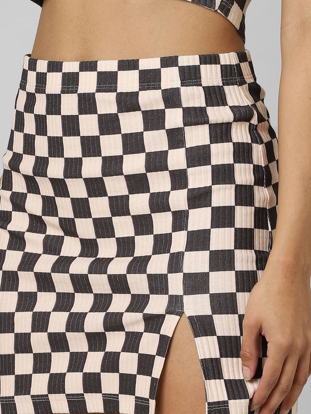 Beige Check Co-Ord Mini Skirt