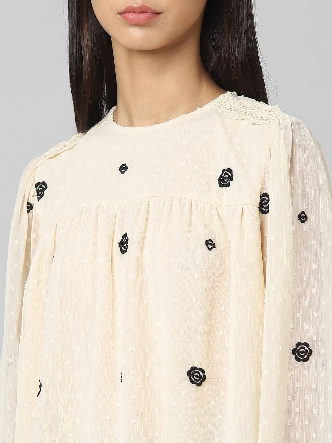 Beige Embroidered Chiffon Top