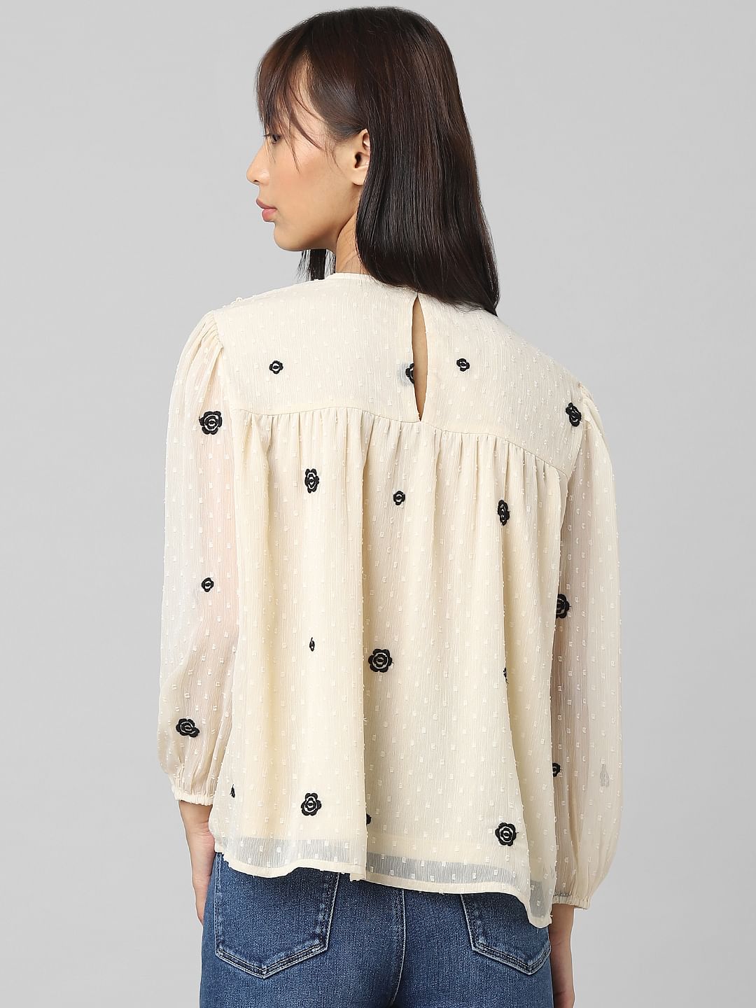 Beige Embroidered Chiffon Top