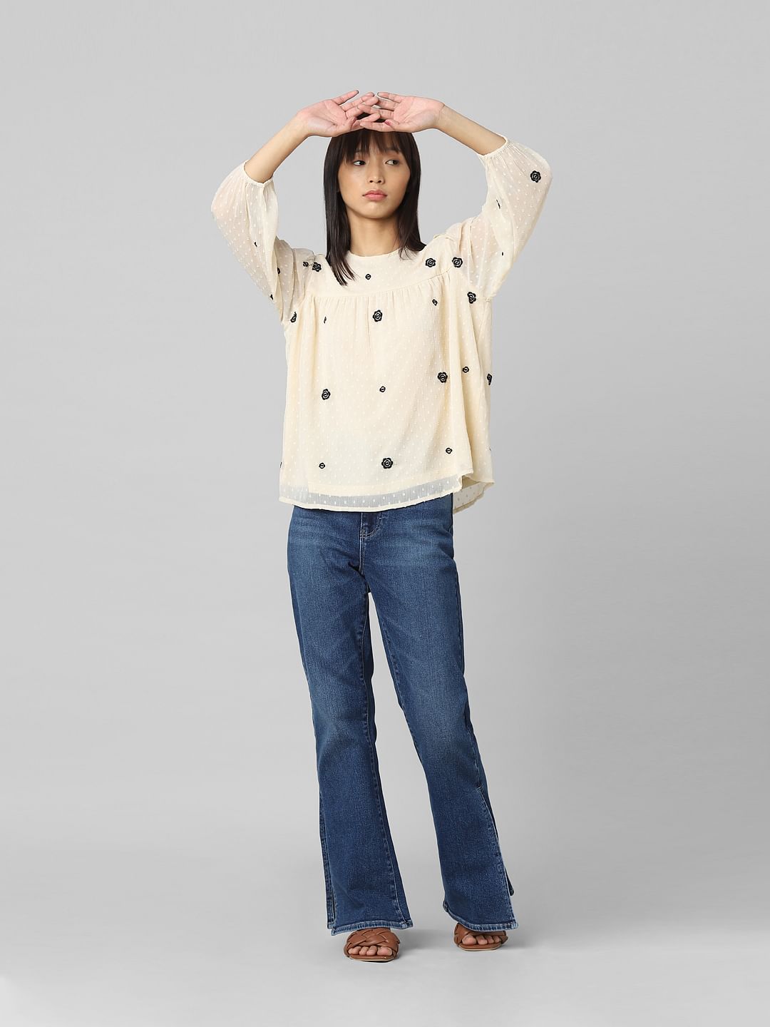 Beige Embroidered Chiffon Top