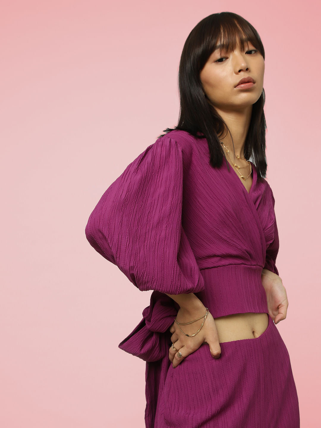 Purple Balloon-Sleeved Wrapover Top