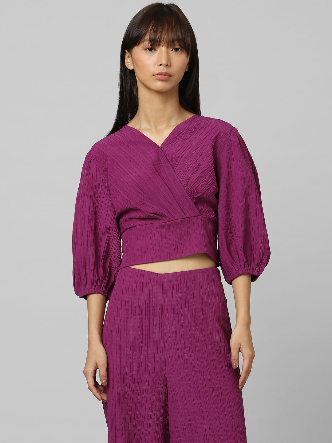 Purple Balloon-Sleeved Wrapover Top