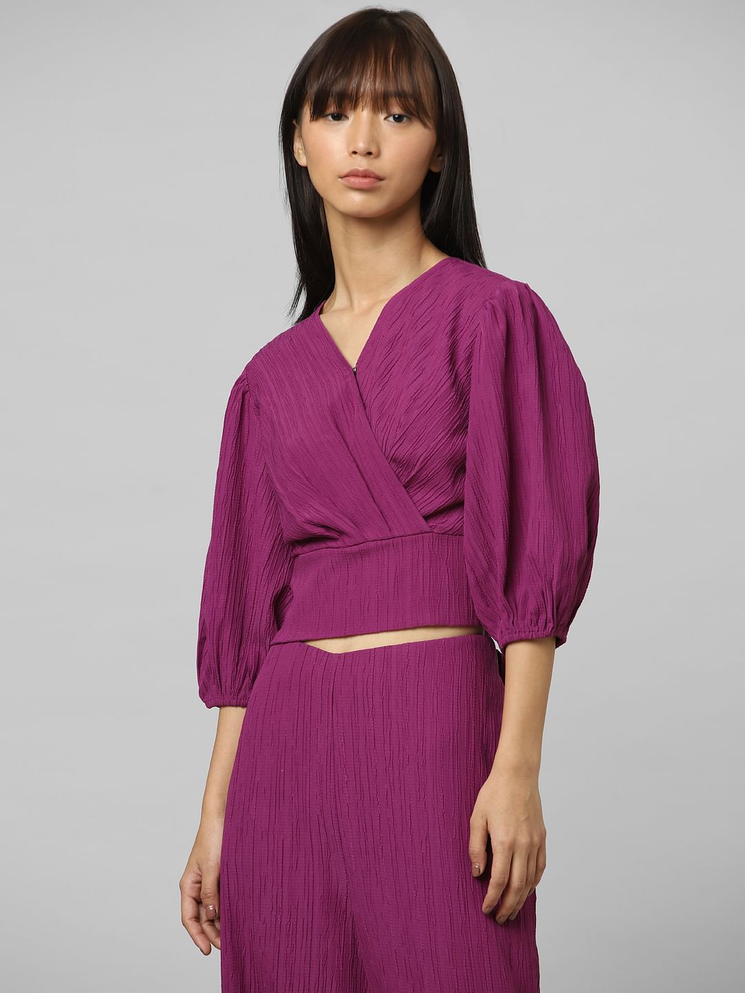 Purple Balloon-Sleeved Wrapover Top