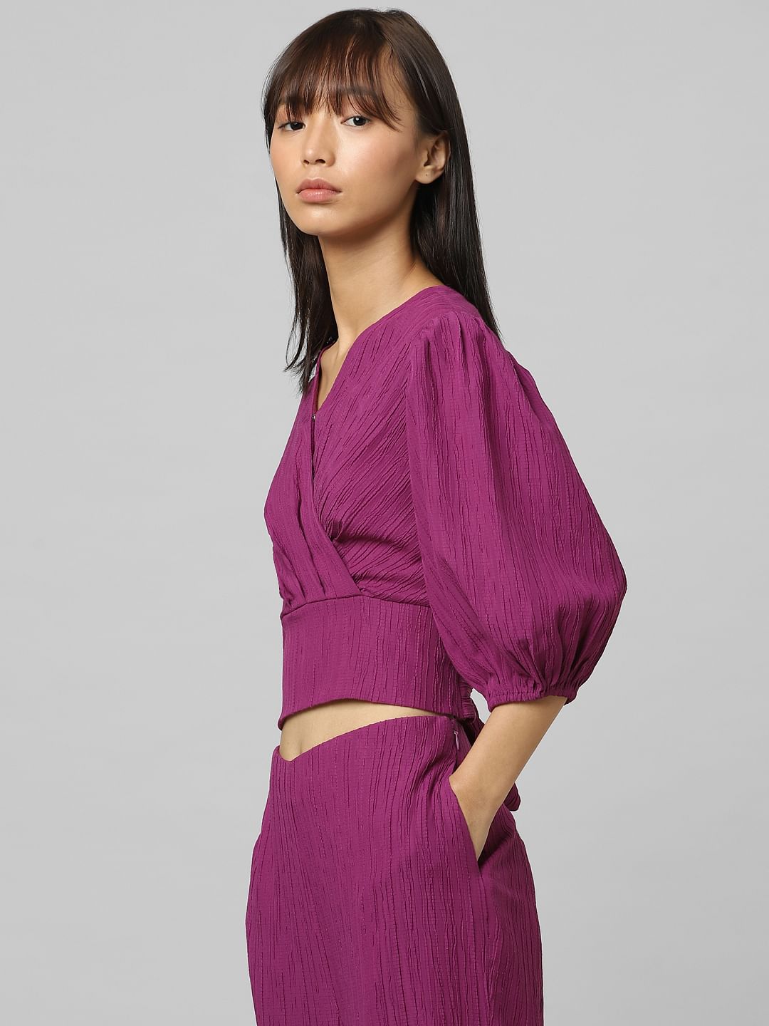 Purple Balloon-Sleeved Wrapover Top