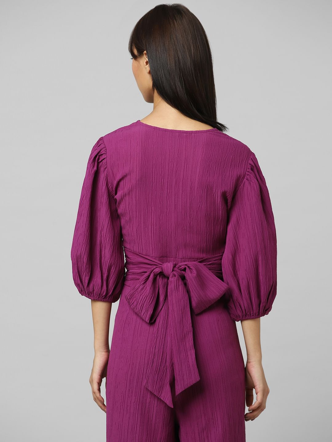 Purple Balloon-Sleeved Wrapover Top